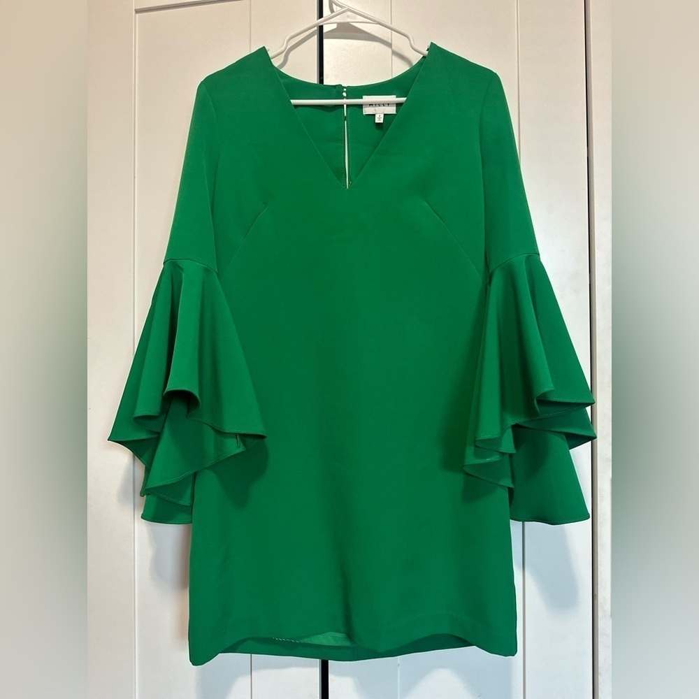 MILLY Emerald Green Ruffled Sleeve V-Neck Nicole Event Party Dress size 2